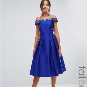 Off Shoulder Bardot Midi With Floral Embellished